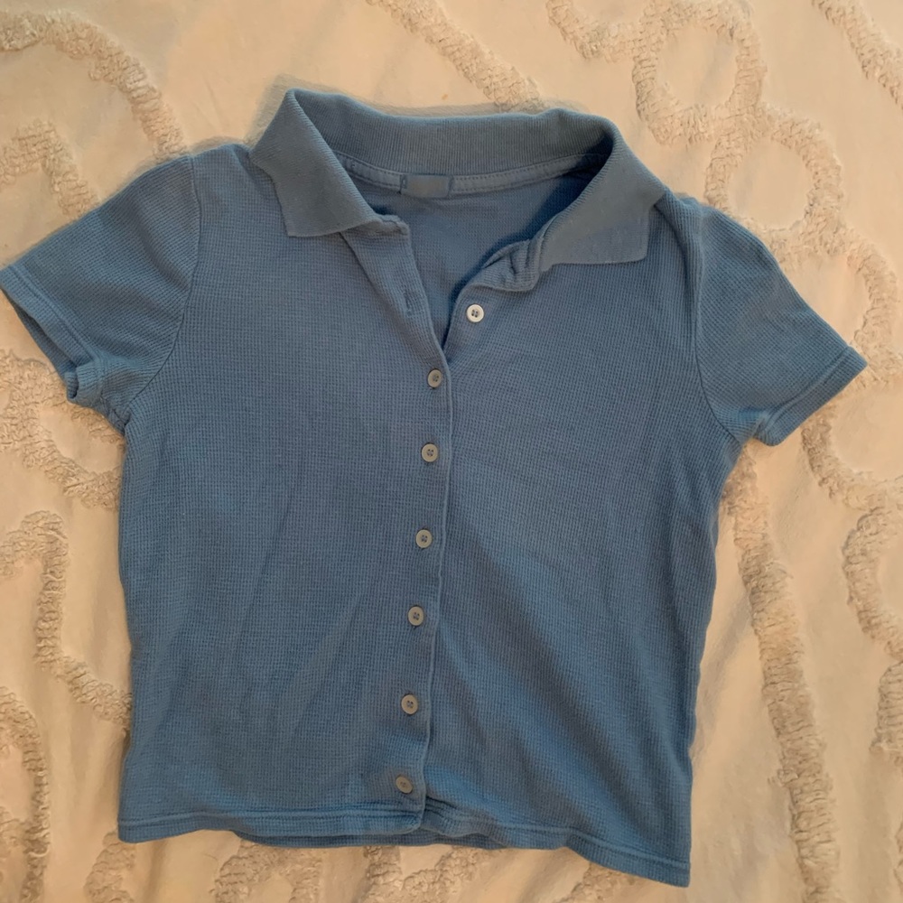 Brandy Melville Blue Short-Sleeve Button-Down Polo
